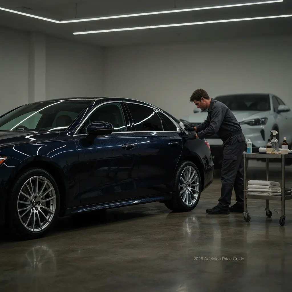 Luxury car receiving ceramic coating in Adelaide with premium paint protection and pricing guide theme