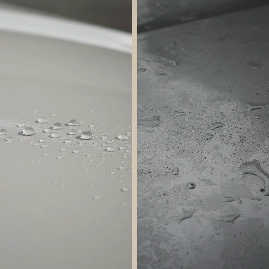 Side by side comparison showing a ceramic coated car panel still beading water well versus a degraded coating with flat water sheeting and visible swirl marks