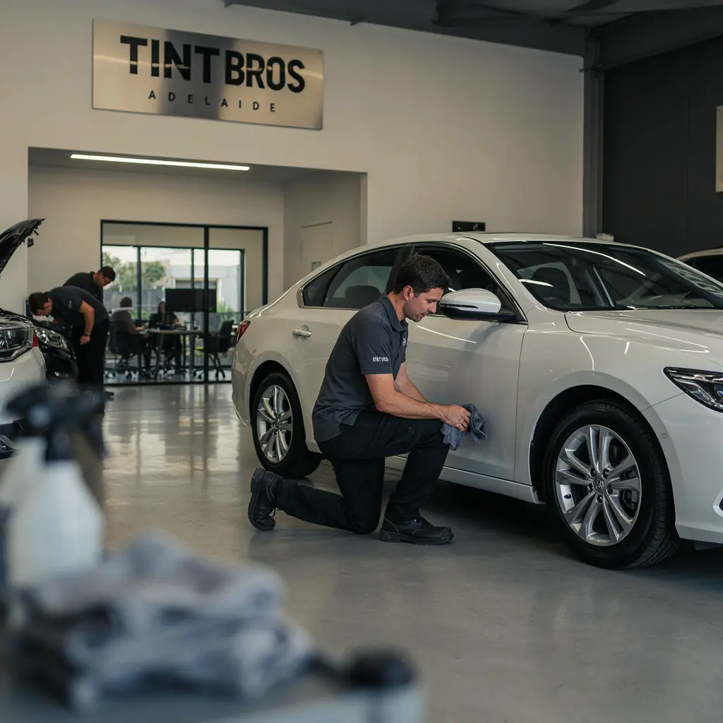 Brand new car being ceramic coated at Tint Bros Adelaide immediately after delivery showing the ideal timing for new car paint protection