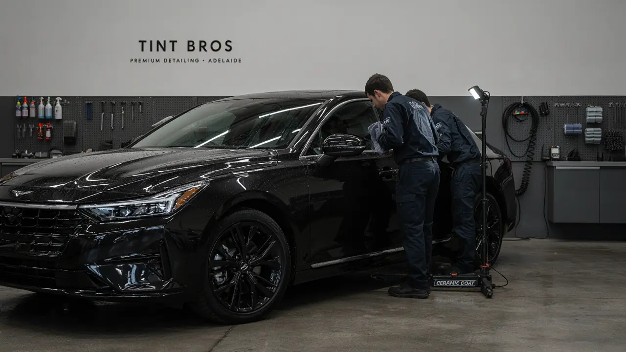 Prestige vehicle being ceramic coated at Tint Bros Adelaide under specialist inspection lighting showing Ultimate Defence coating application