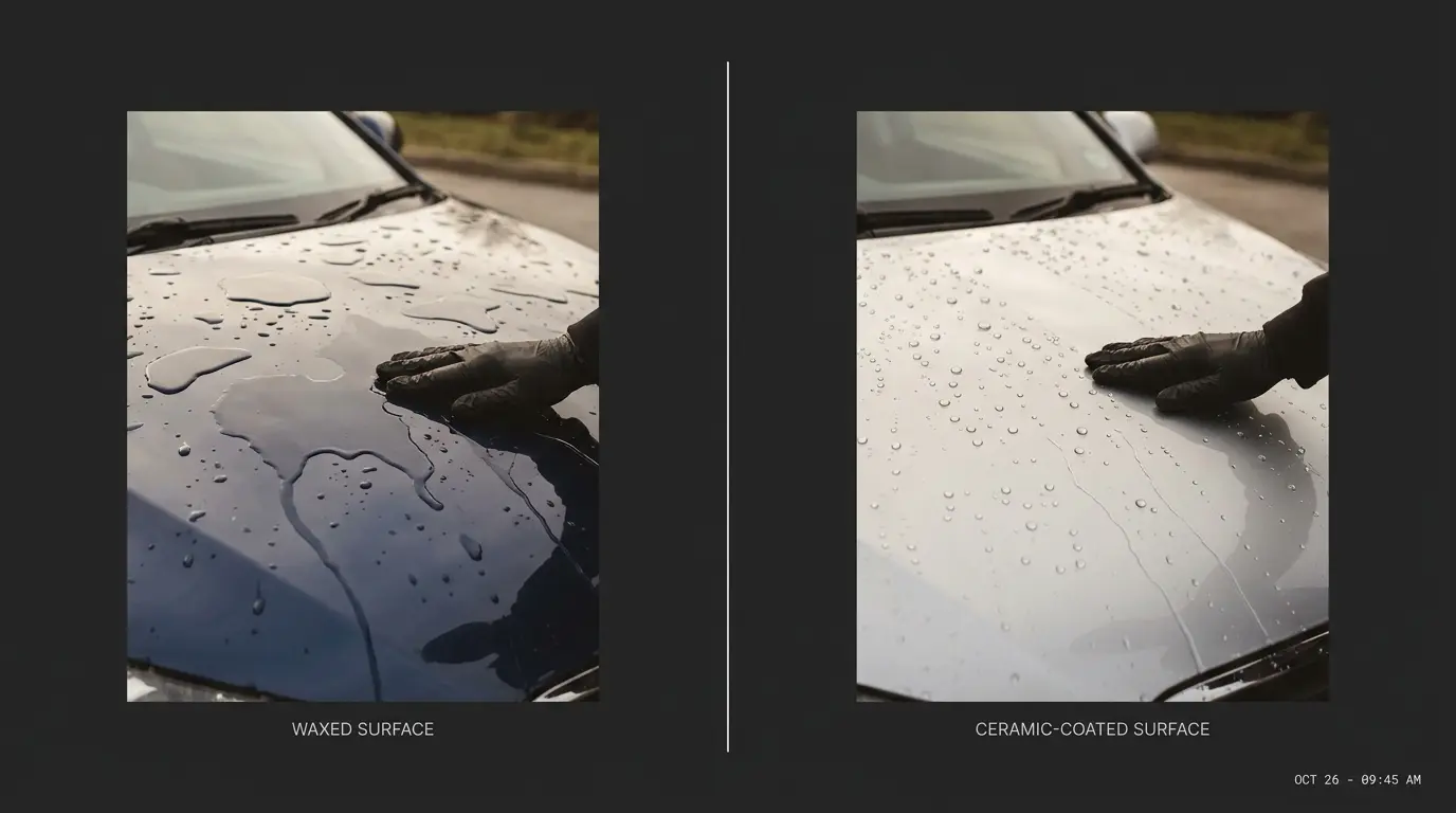 Side by side comparison of car wax versus ceramic coating water beading on Adelaide vehicle paint showing superior hydrophobic performance of ceramic coating