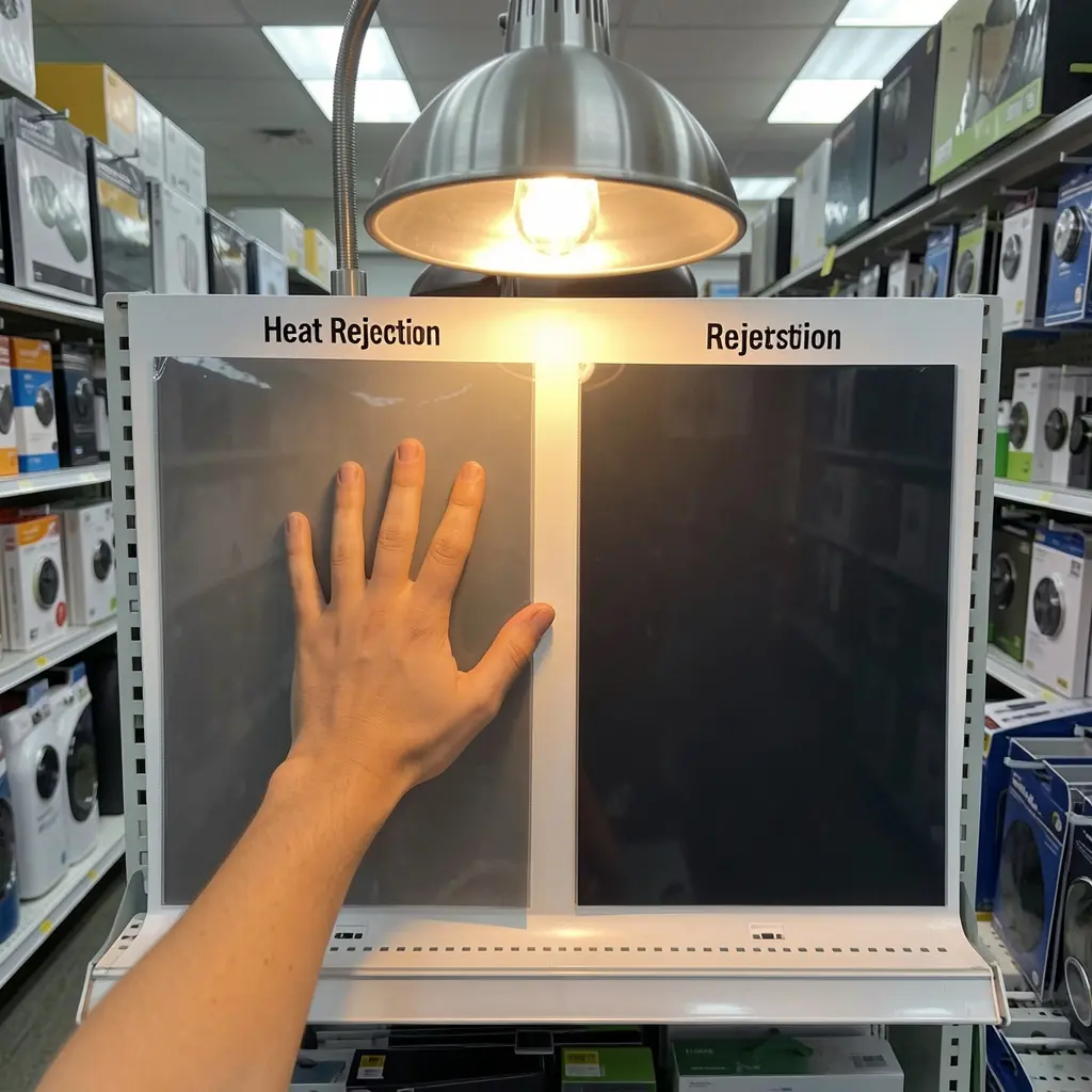 Demonstration showing infrared heat lamp blocked by high-IR-rejection ceramic window tint at Tint Bros Adelaide, hand feeling the difference between 55% and 97% IR rejection films