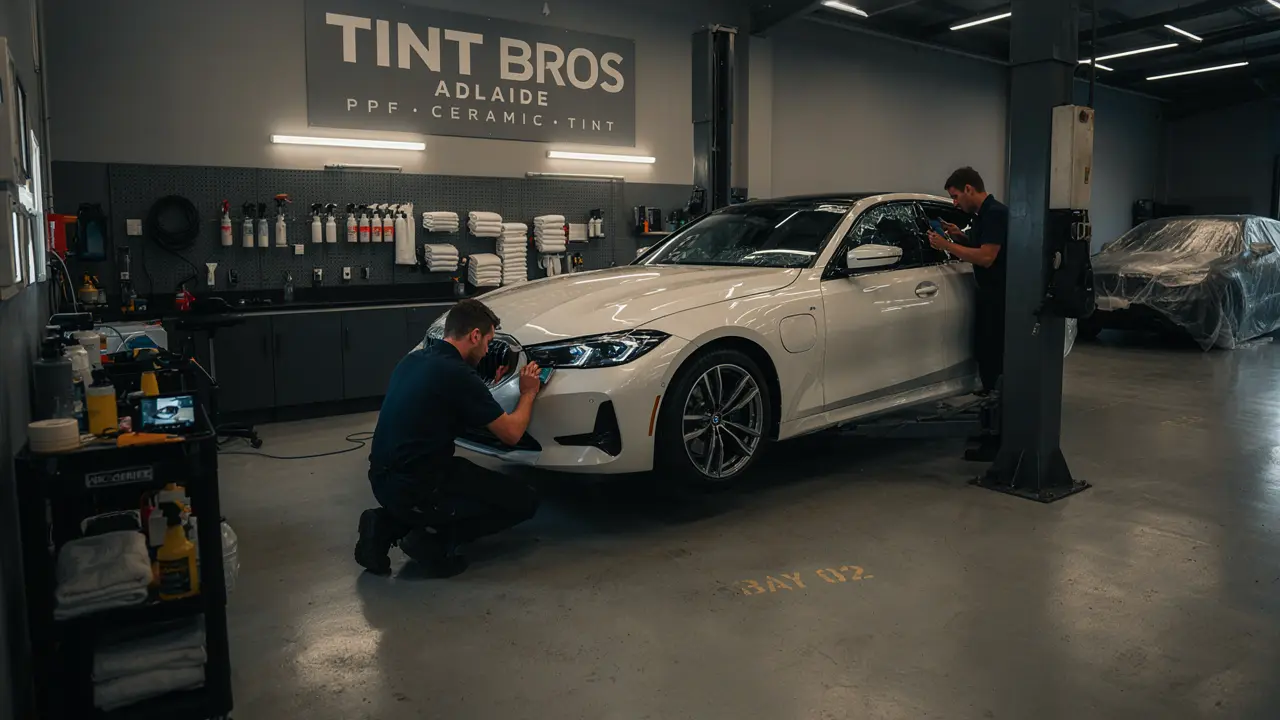Vehicle at Tint Bros Adelaide workshop receiving all three services PPF ceramic coating and window tinting in a single combined appointment