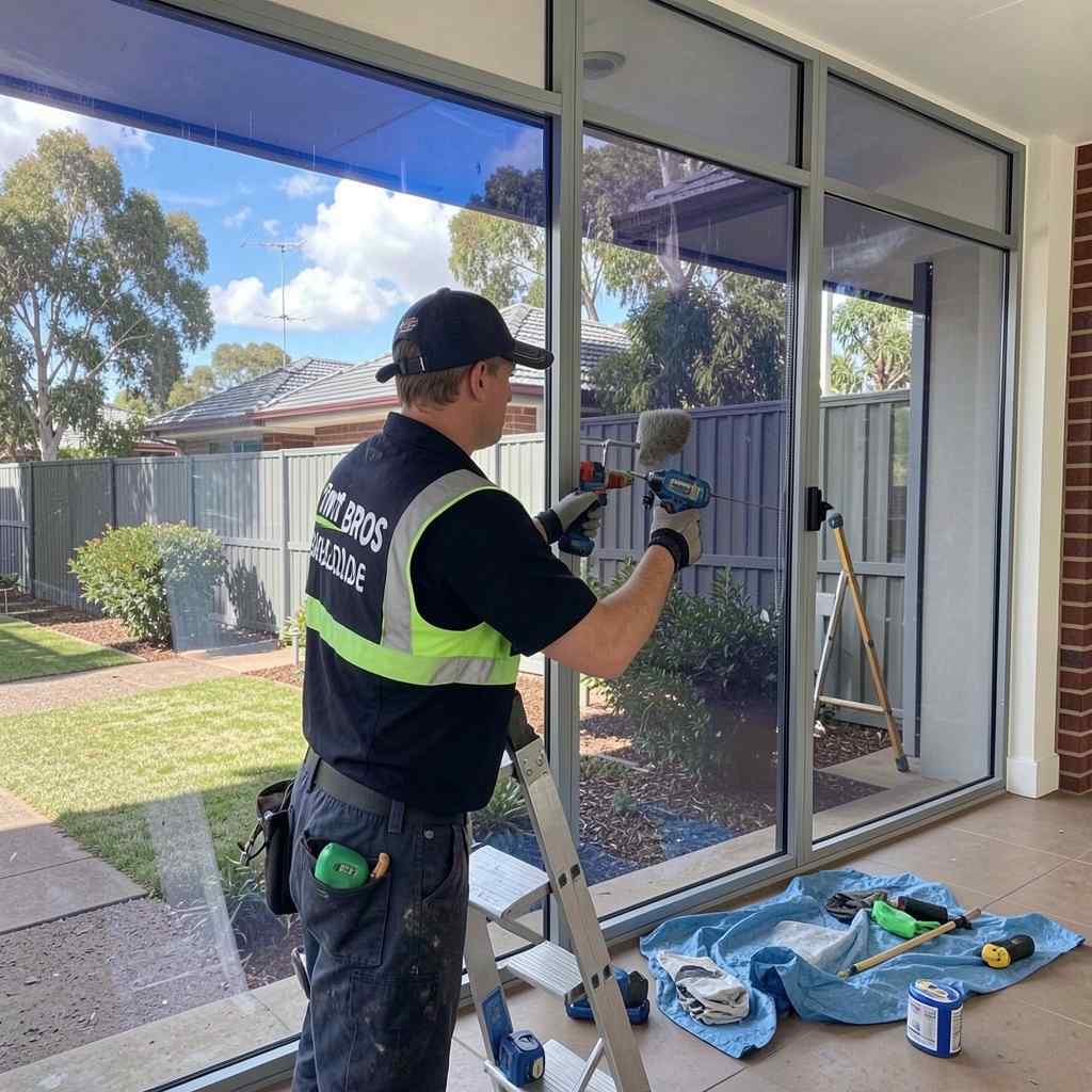Tint Bros Adelaide installer applying solar window film to large glass panels in an Adelaide residential home