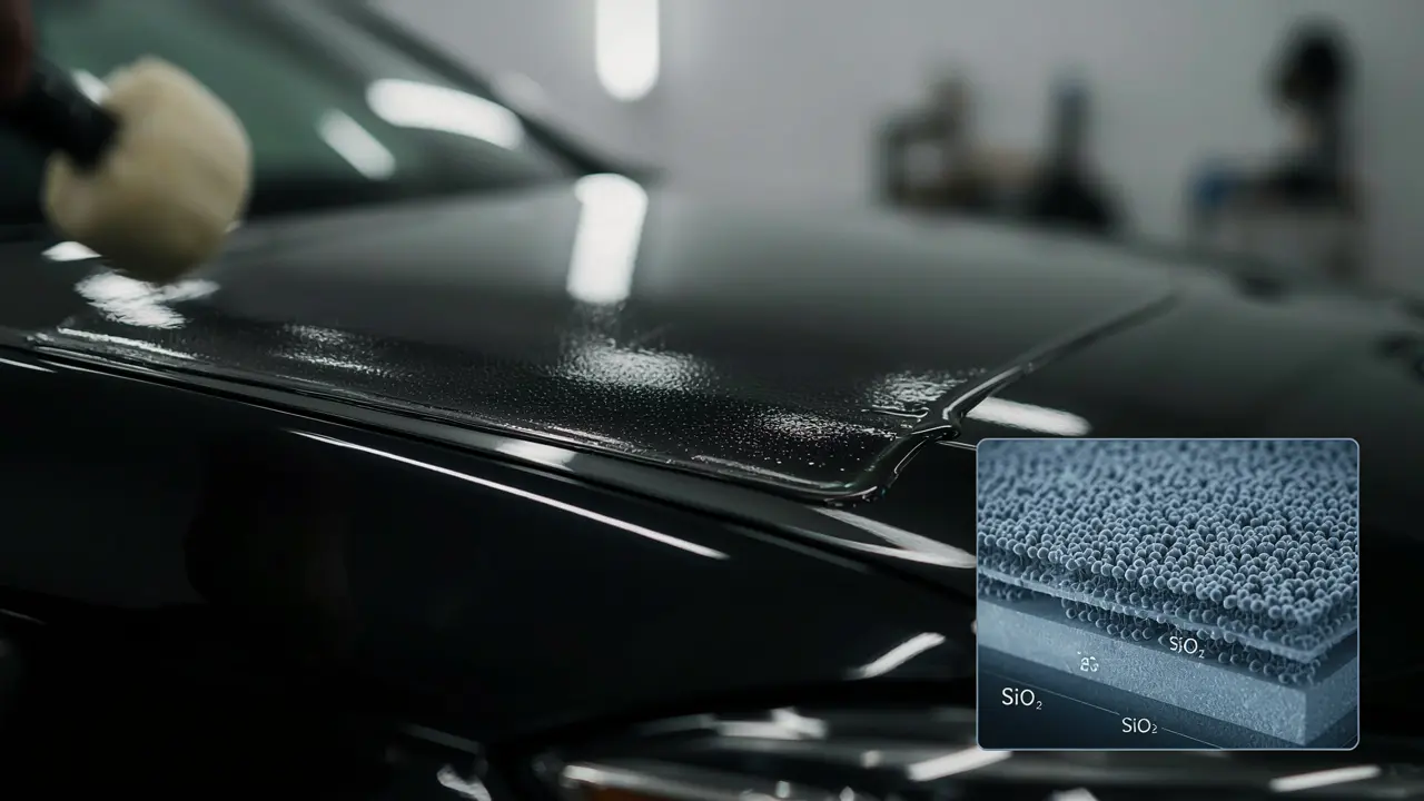 Close up of nano ceramic coating being applied to car paint surface in Adelaide showing the ultra-thin molecular protective layer