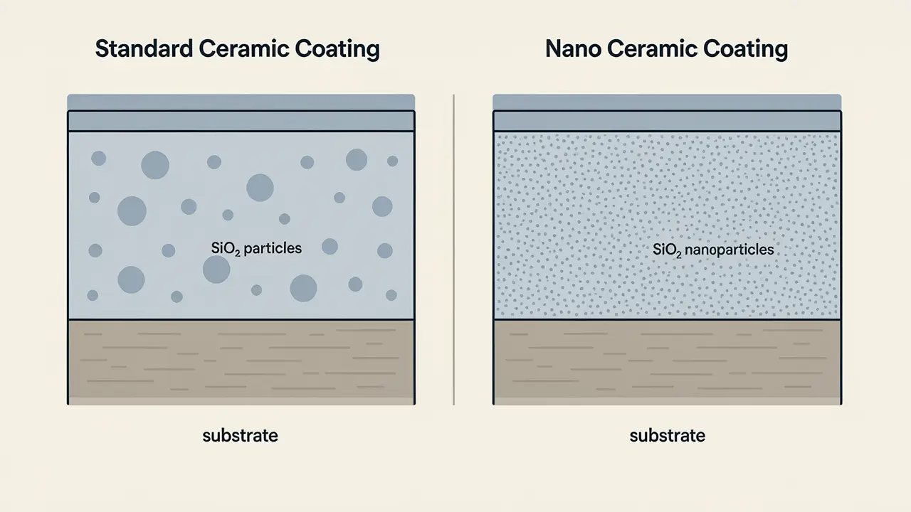 Diagram comparing nano ceramic coating molecular structure versus standard ceramic coating showing denser SiO2 particle packing in nano coating