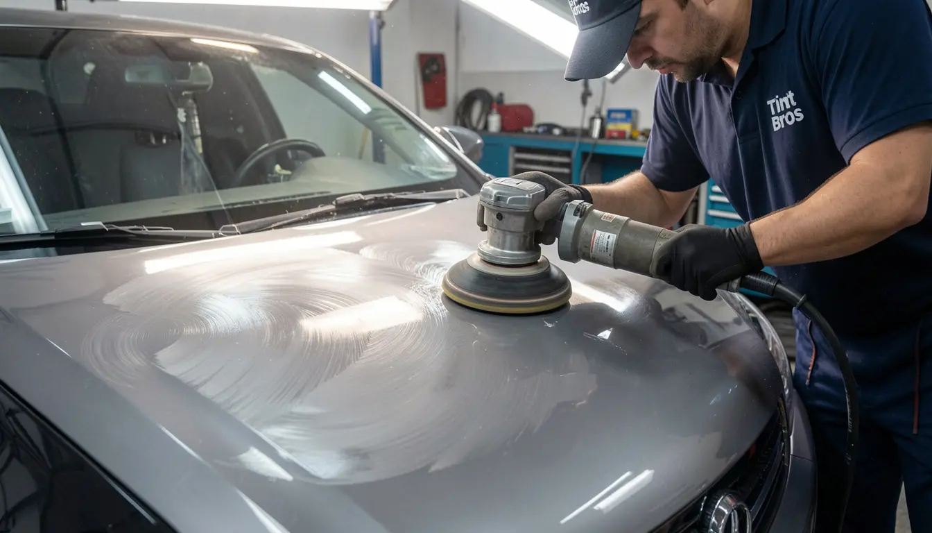 Tint Bros Adelaide technician performing machine paint correction on a vehicle bonnet under inspection lighting before ceramic coating application
