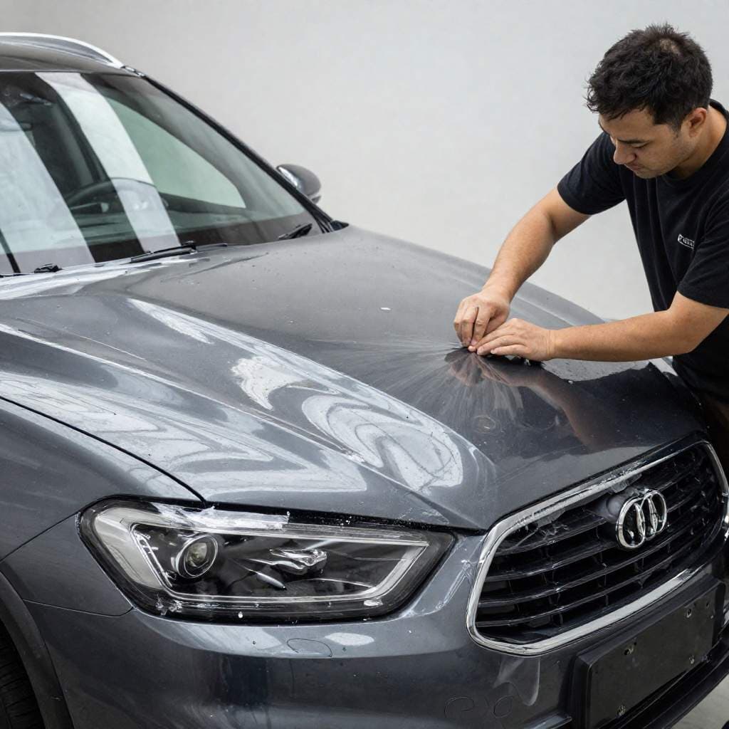 Tint Bros Adelaide installer applying clear paint protection film to a car bonnet with no visible edges