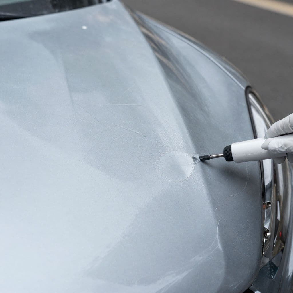 Close-up showing a scratch disappearing from self-healing paint protection film surface after heat is applied demonstrating PPF technology