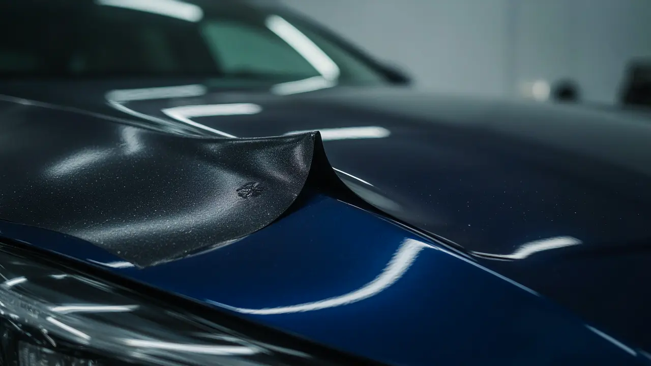 Car bonnet showing paint protection film absorbing a stone chip impact with undamaged paint beneath demonstrating PPF value on Adelaide highways