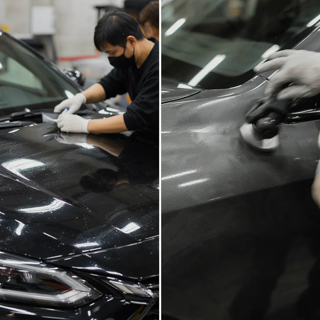 Split image showing paint protection film being applied to a car bonnet on the left and ceramic coating being buffed on the right at Tint Bros Adelaide