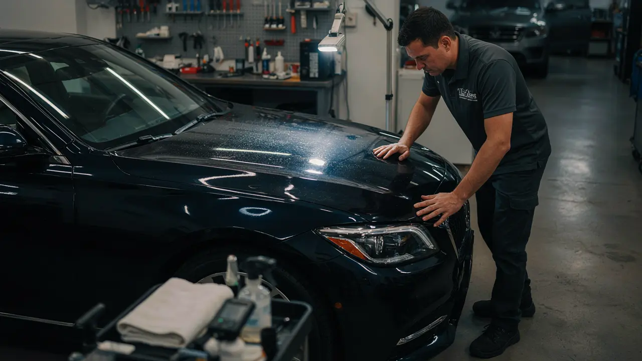 Tint Bros Adelaide technician assessing prestige vehicle paint under specialist inspection lighting before ceramic coating showing swirl marks and surface defects
