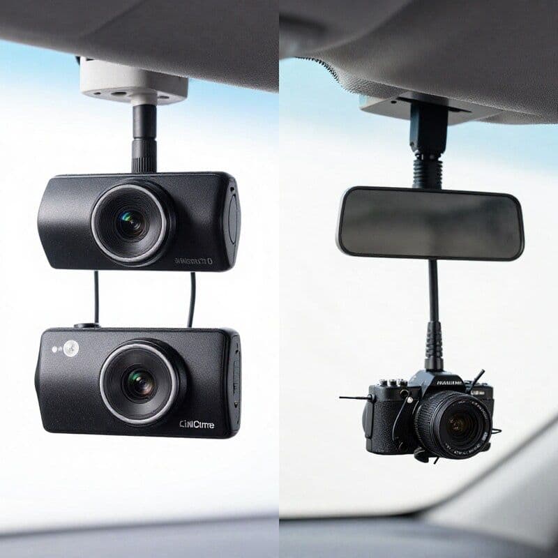 Side-by-side comparison of professional hardwired dashcam installation with hidden cables versus DIY dashcam with visible cable hanging from windscreen