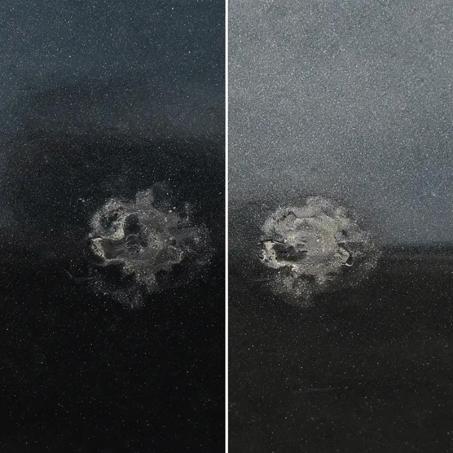 Comparison showing a stone chip absorbed by paint protection film with no paint damage versus a stone chip penetrating ceramic coating to the paint below