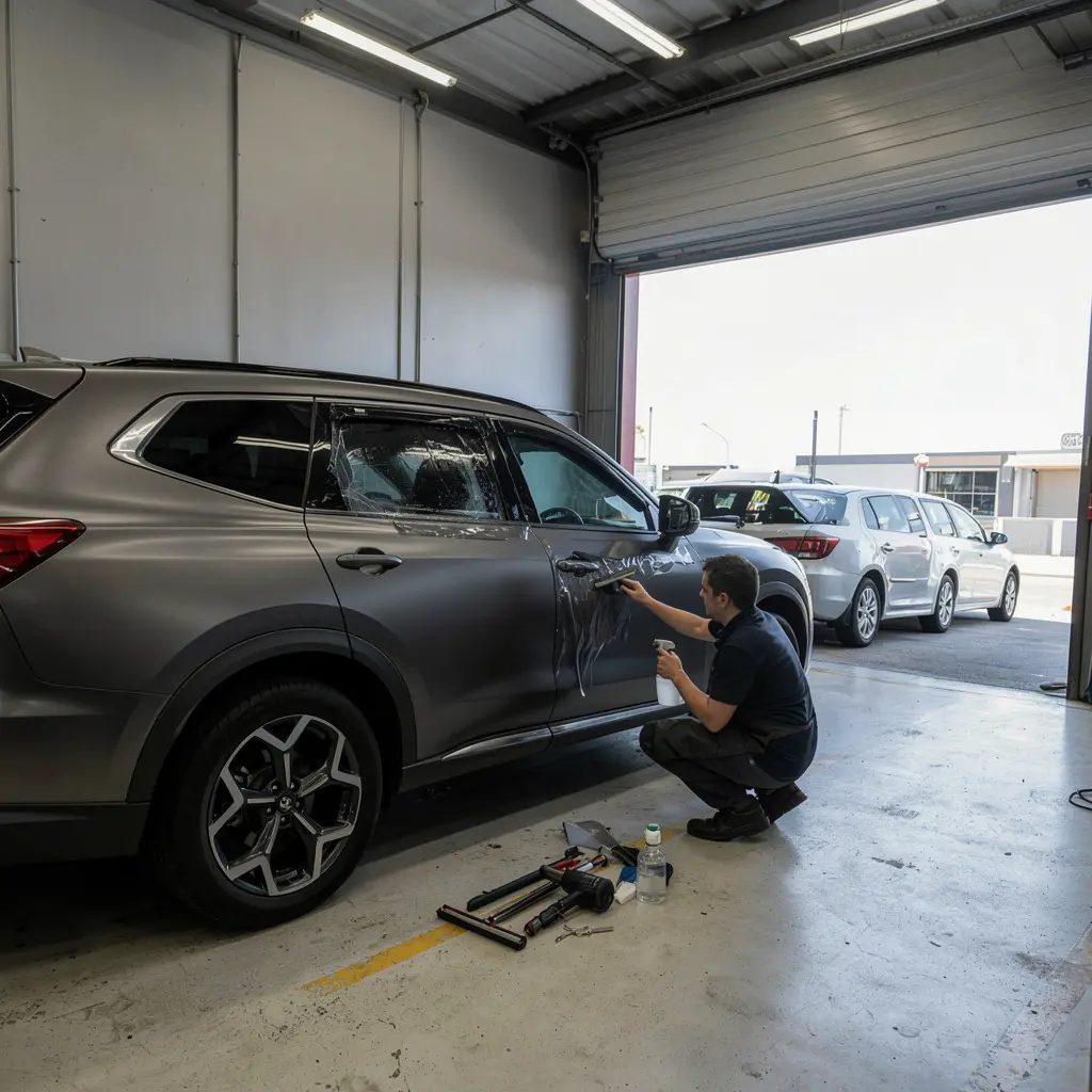 Large SUV being professionally window tinted at Tint Bros Adelaide with ceramic film applied to rear passenger windows