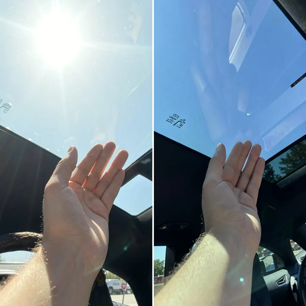 Demonstration showing heat difference through Tesla Model Y glass roof before and after ceramic tint installation at Tint Bros Adelaide