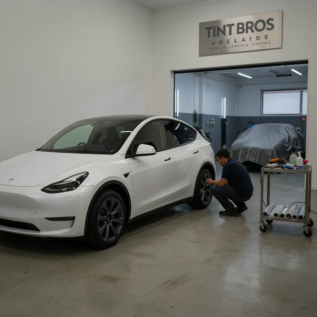 Tesla Model Y being window tinted at Tint Bros Adelaide with ceramic film applied to the full glass roof and rear side windows