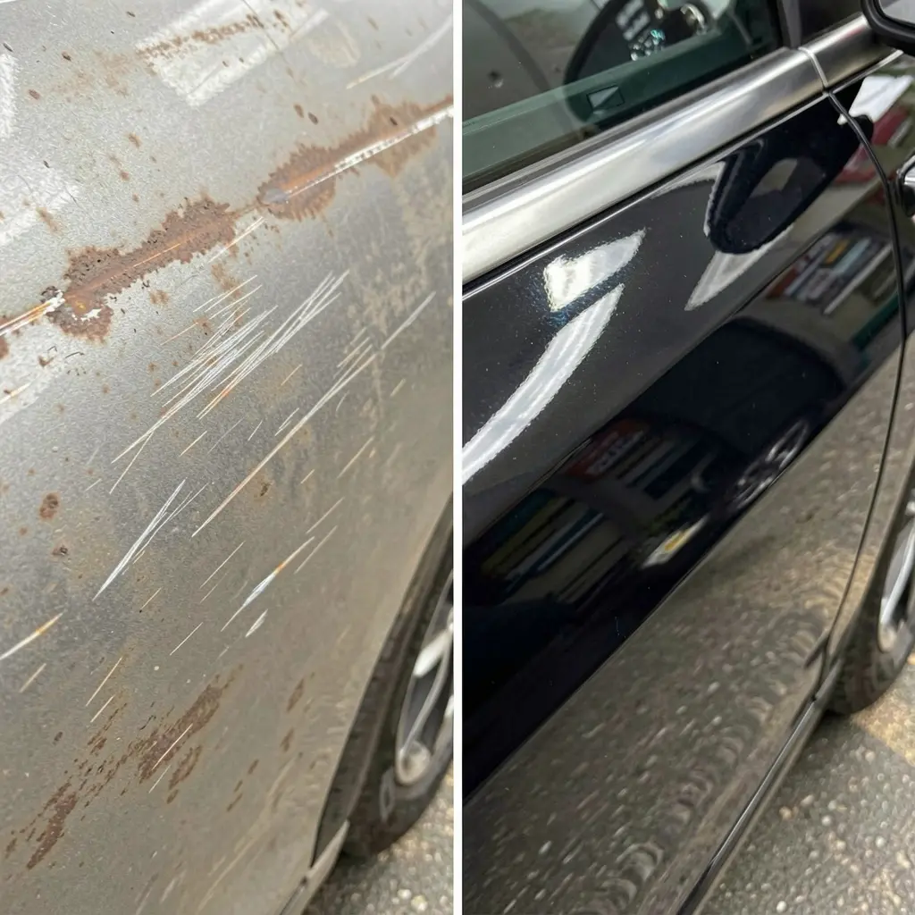 Before and after comparison showing a used car Adelaide with swirl marks and faded paint restored through paint correction and ceramic coating at Tint Bros