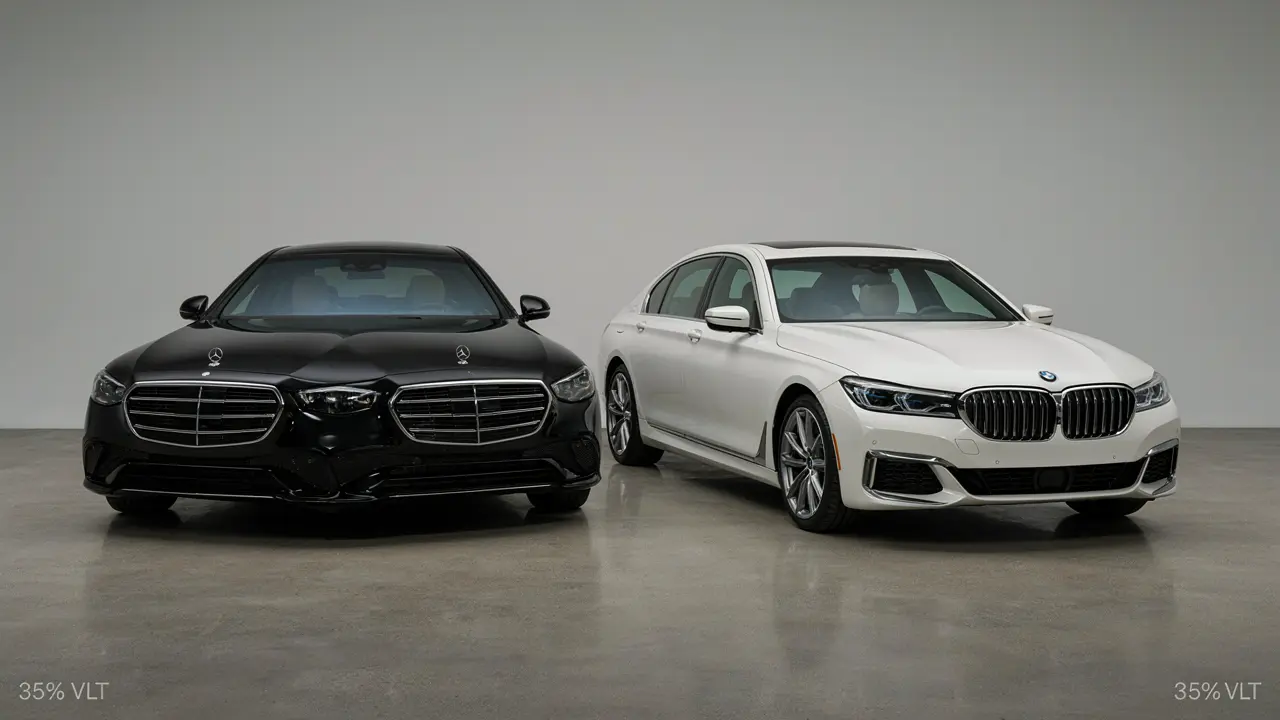 Side by side showing window tint VLT appearance on a dark coloured versus light coloured prestige vehicle in Adelaide demonstrating different visual outcomes