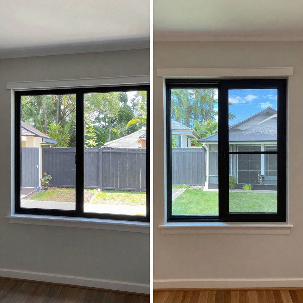 Split image showing Adelaide home interior before and after window tinting, reduced glare on screens and cooler room temperature demonstrated