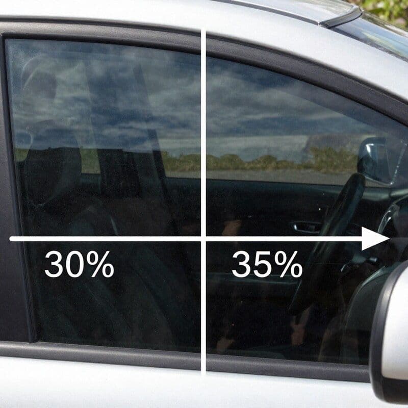 Visual comparison of window tint darkness levels at 5%, 20%, and 35% VLT showing what each looks like on a car window