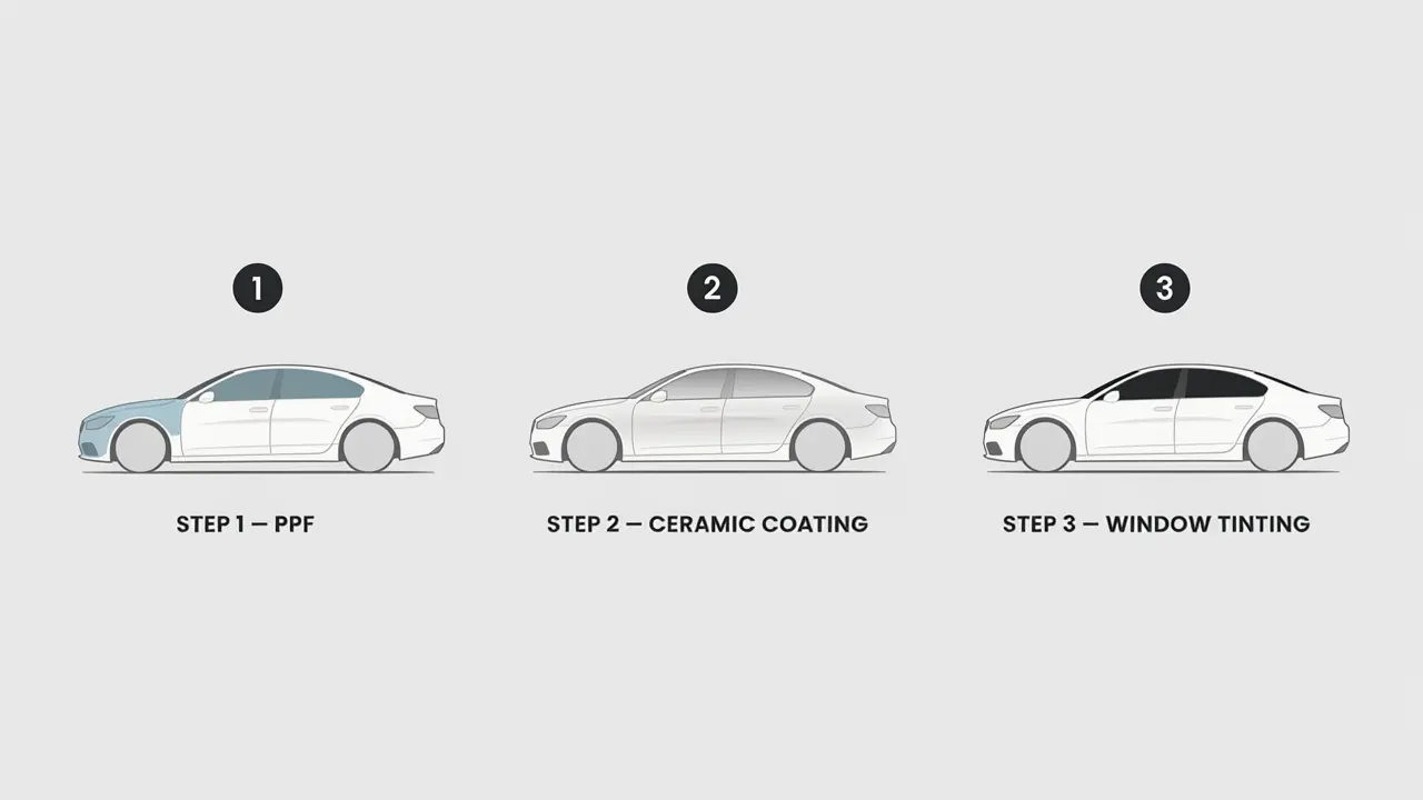 Diagram showing the correct order of PPF paint protection film then ceramic coating then window tinting for an Adelaide vehicle at Tint Bros