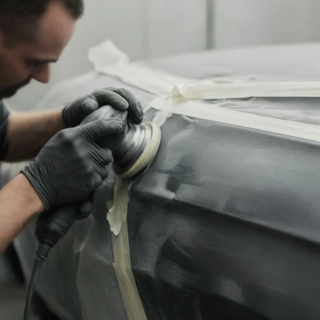 Technician performing paint correction and surface preparation at Tint Bros Adelaide