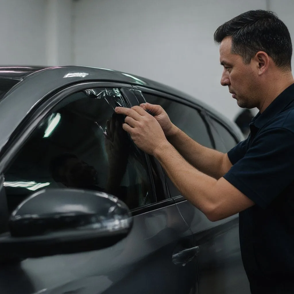 Professional car window tinting being applied at Tint Bros Adelaide workshop