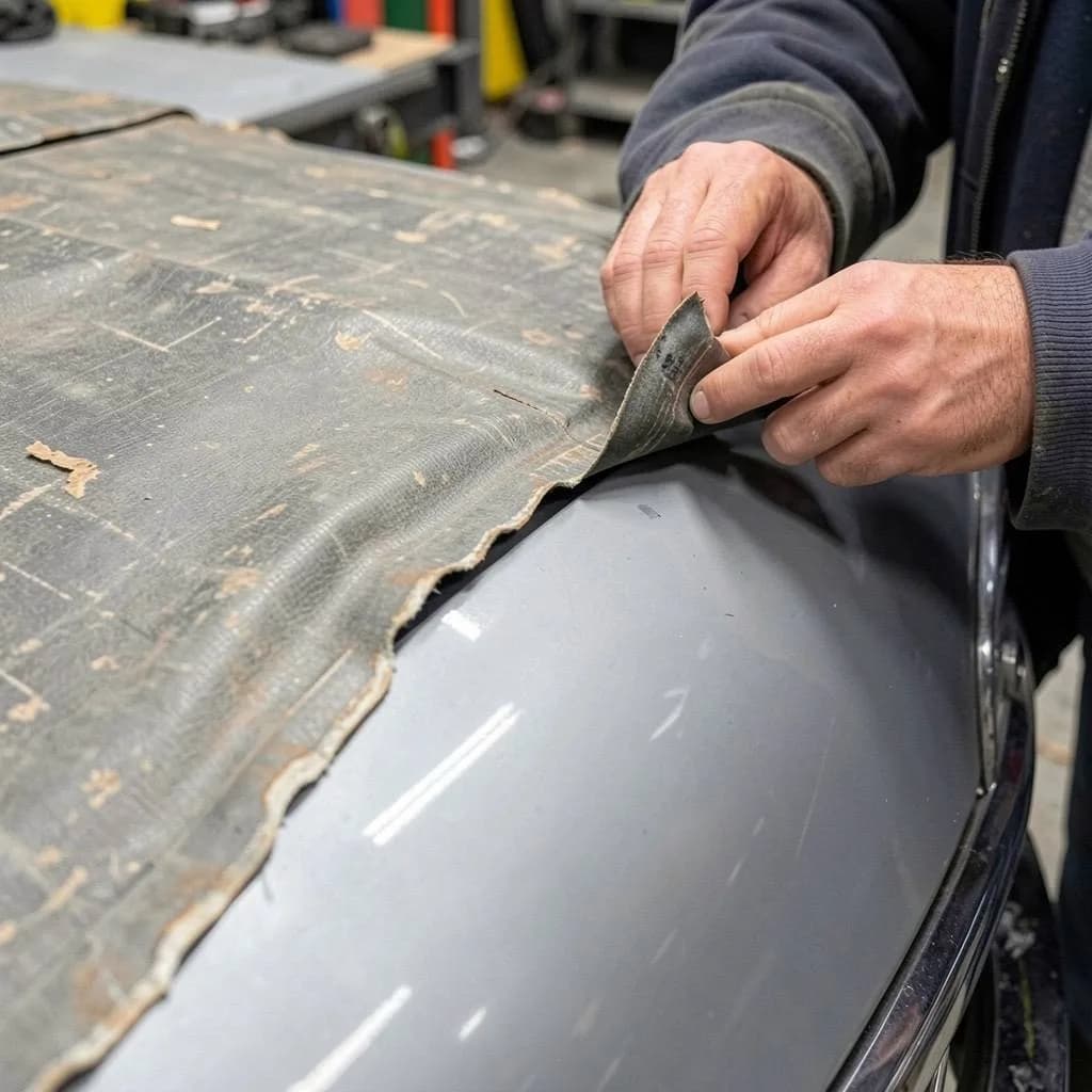 Old vinyl wrap being carefully peeled off a car panel at Tint Bros Adelaide