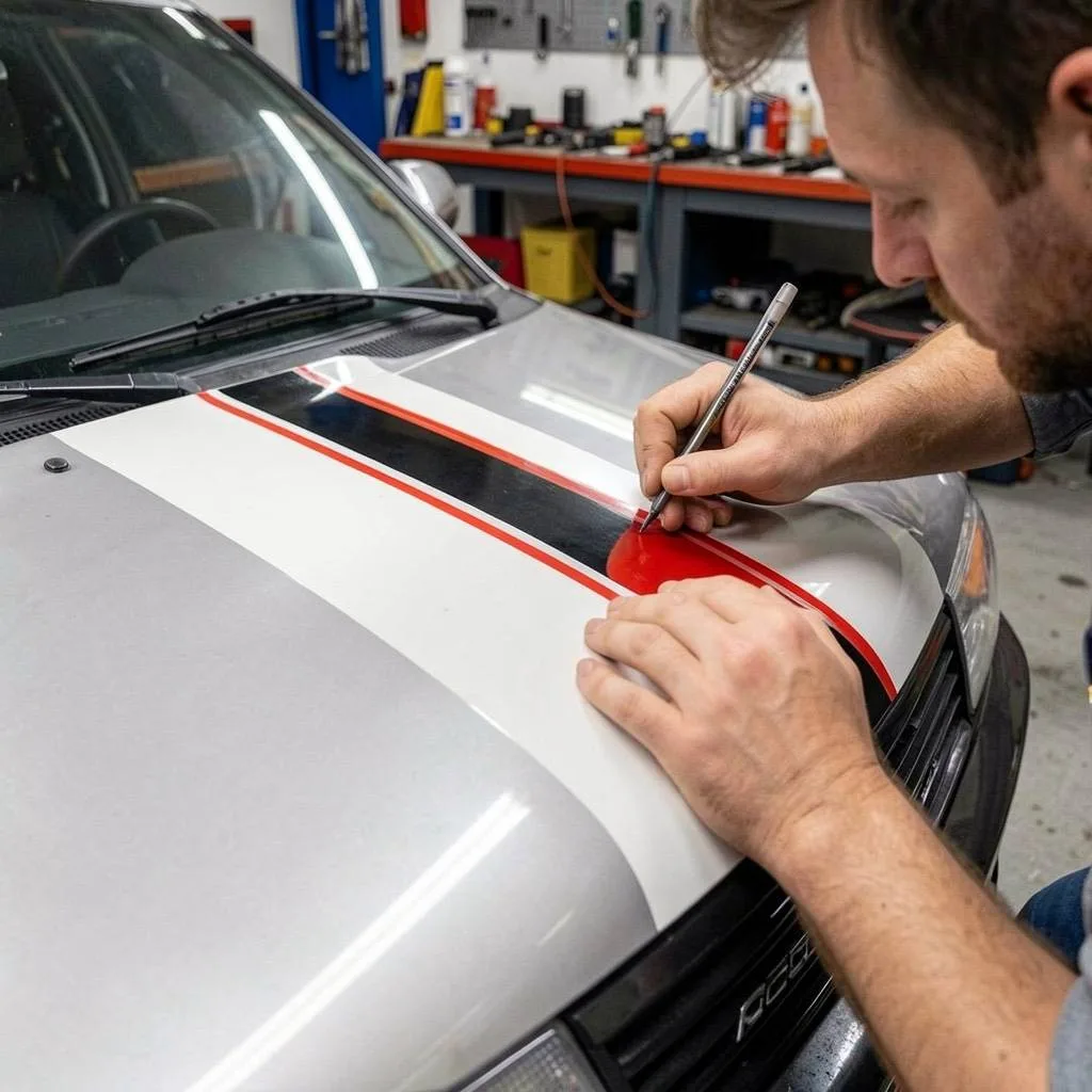 Custom racing stripe vinyl graphics being applied to a car at Tint Bros Adelaide
