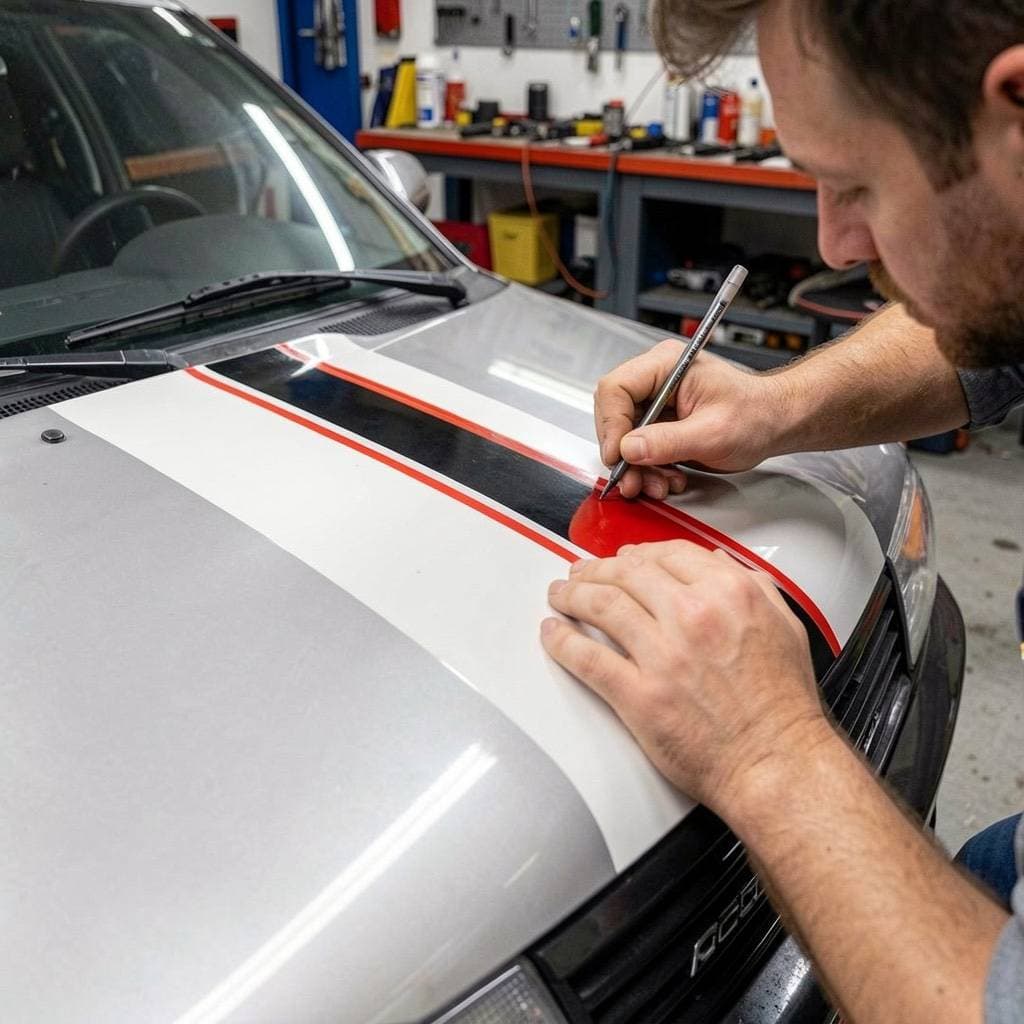 Custom racing stripe vinyl graphics being applied to a car at Tint Bros Adelaide