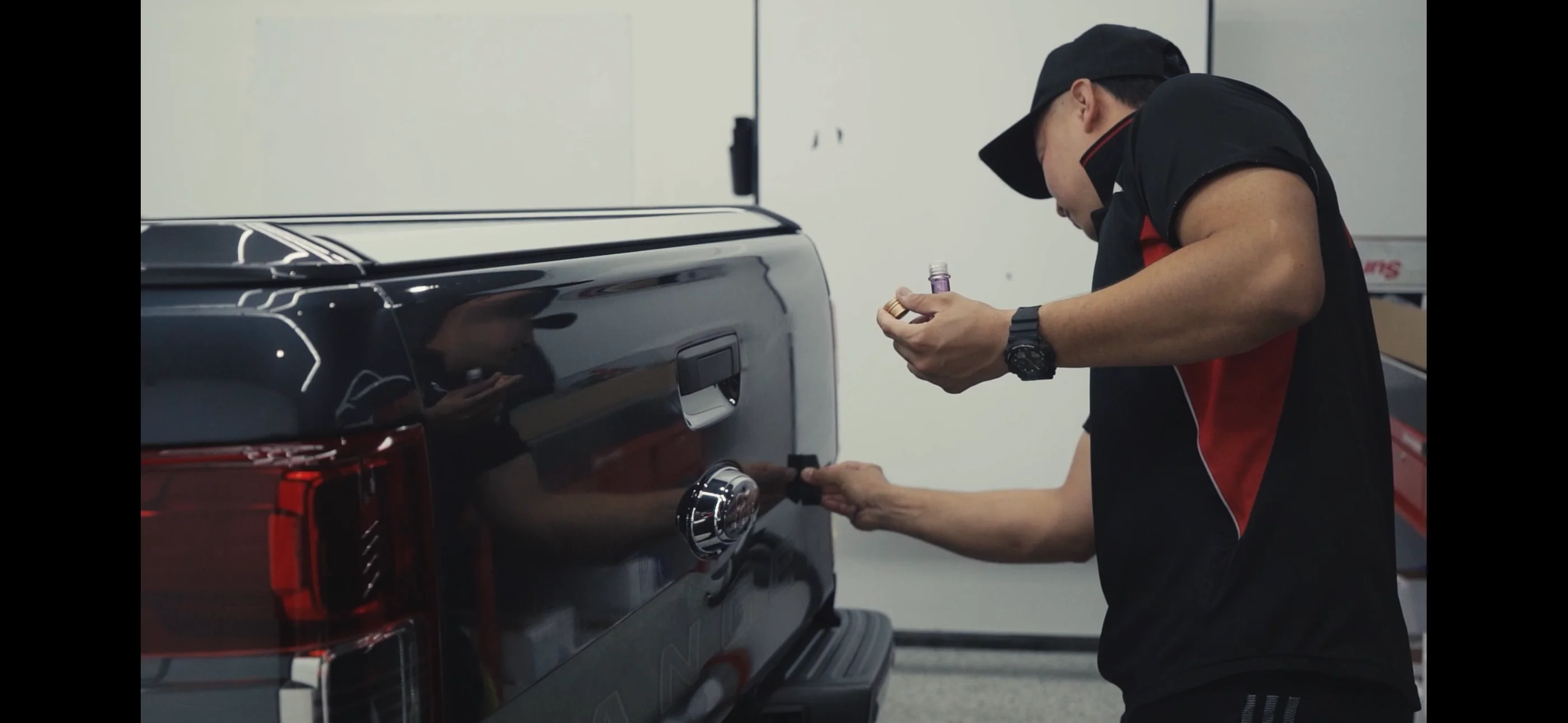 Vehicle with freshly applied ceramic paint protection